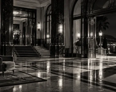 Illustration originale en noir et blanc d’un hall de casino vide sur la Riviera