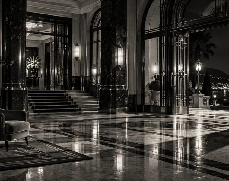 Illustration originale en noir et blanc d’un hall de casino vide sur la Riviera