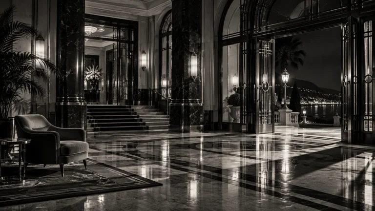 Illustration originale en noir et blanc d’un hall de casino vide sur la Riviera