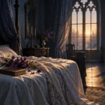Chambre gothique vide, fleurs violettes et première lumière du matin : illustration symbolique originale