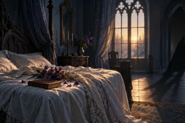Chambre gothique vide, fleurs violettes et première lumière du matin : illustration symbolique originale
