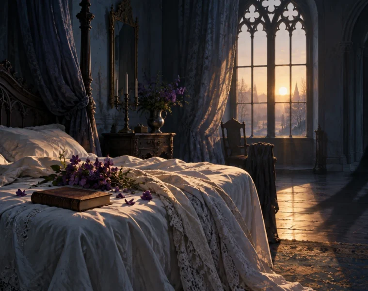 Chambre gothique vide, fleurs violettes et première lumière du matin : illustration symbolique originale