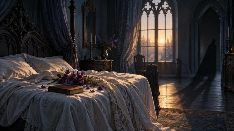 Chambre gothique vide, fleurs violettes et première lumière du matin : illustration symbolique originale