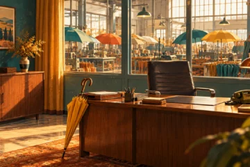 Illustration originale d’un bureau des années 1970 donnant sur un atelier de parapluies