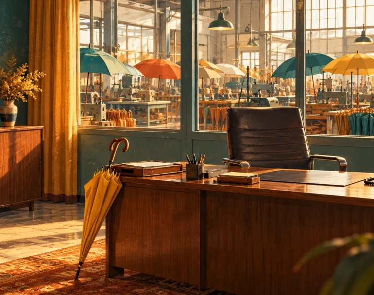 Illustration originale d’un bureau des années 1970 donnant sur un atelier de parapluies