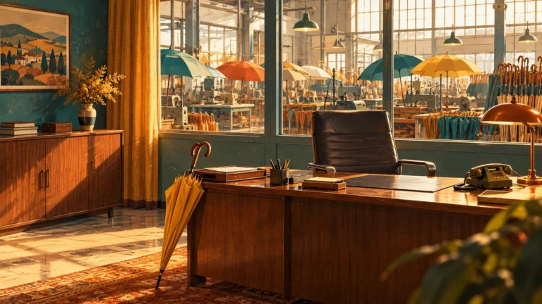 Illustration originale d’un bureau des années 1970 donnant sur un atelier de parapluies