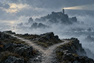 Illustration originale d’une île rocheuse et d’un phare dans la brume, avec un chemin au premier plan