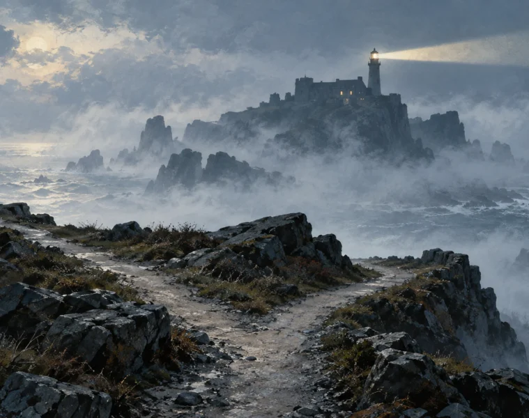 Illustration originale d’une île rocheuse et d’un phare dans la brume, avec un chemin au premier plan