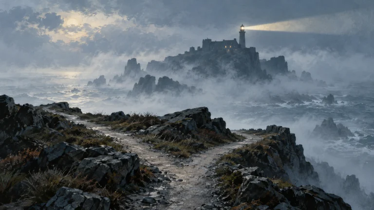 Illustration originale d’une île rocheuse et d’un phare dans la brume, avec un chemin au premier plan