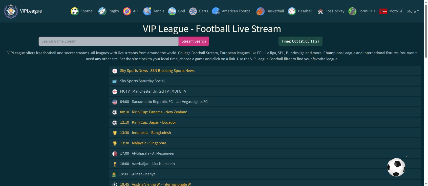 Logo VIPLeague et calendrier de football observés sur vipleague.me le 1 octobre 2026